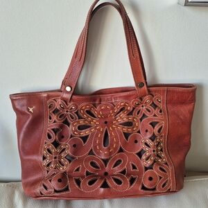 Pikolinos Leather Floral Cutout Tote Boho Shoulder Bag Brown Rust